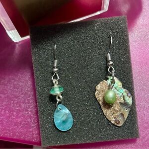 Handmade abalone pearl and blue green teal glass earrings